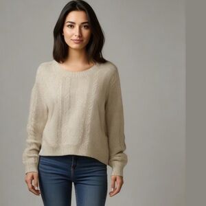Hand Knit Wool Neutral Fisherman Coastal Cable knit Pull Over Sweater Size M